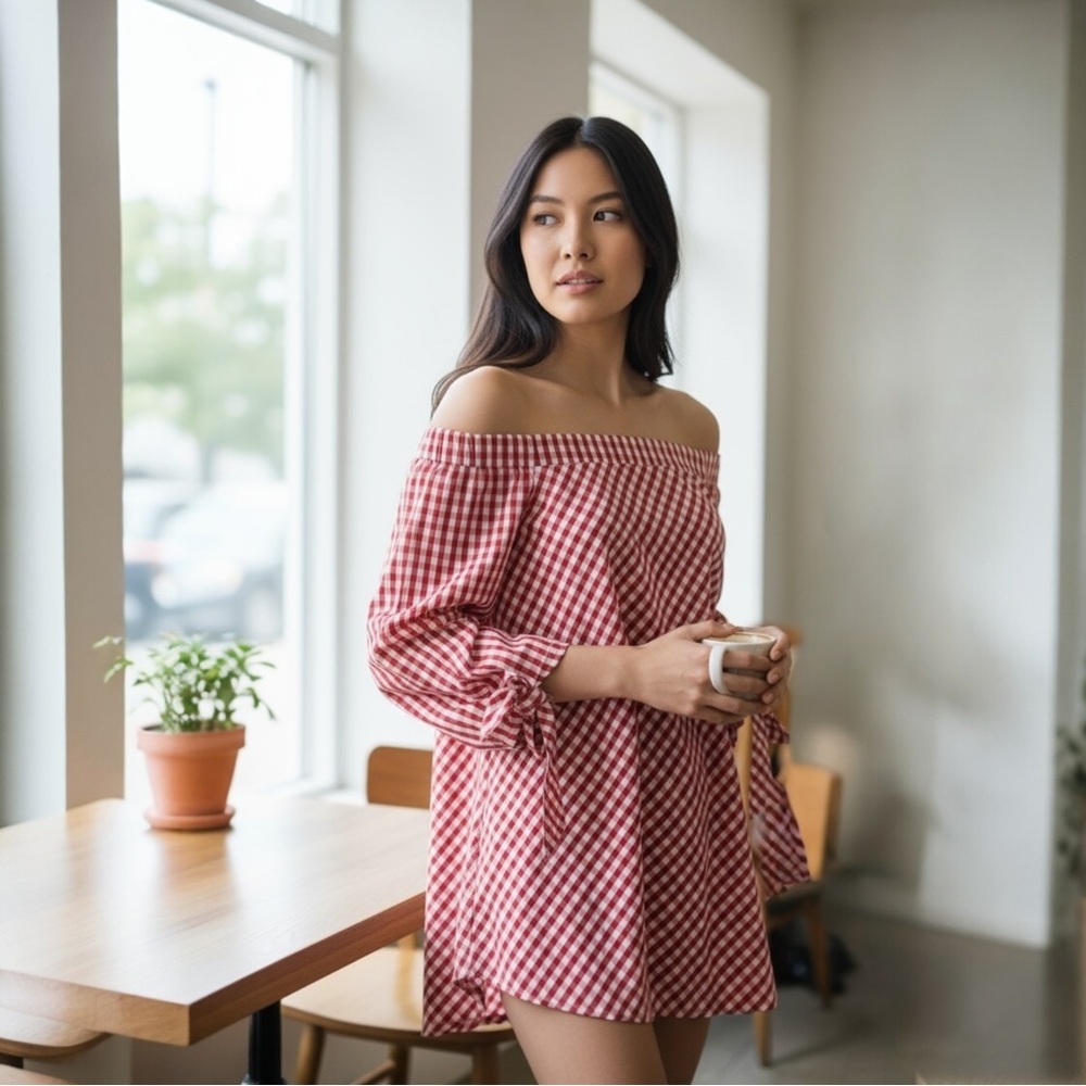Comfy USA Red White Gingham Off Shoulder Tunic Blouse SZ M - Picture 4 of 6